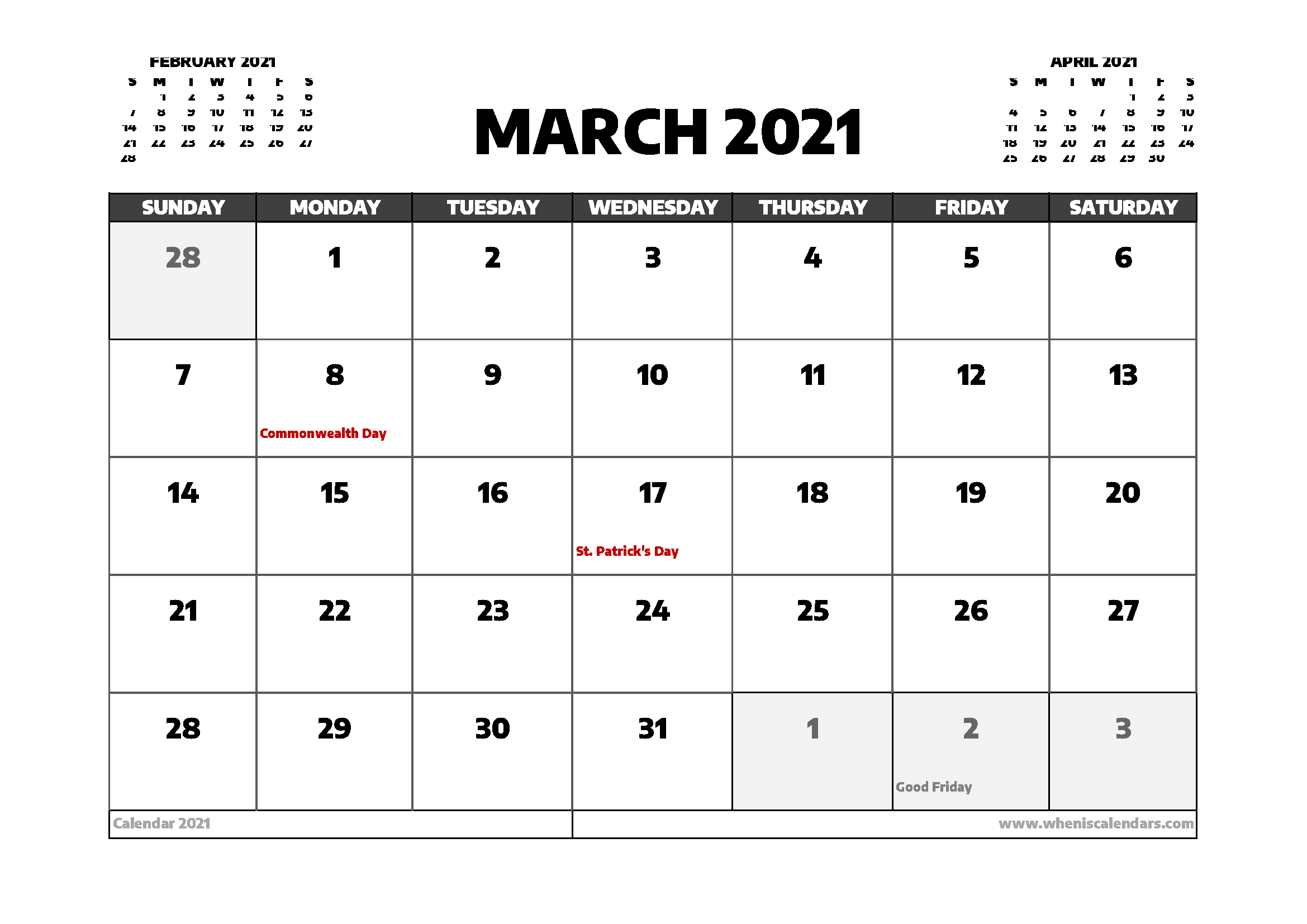 March 2021 Calendar Canada With Holidays-Canadian Calendar 2021 With Holidays Printable Landscape