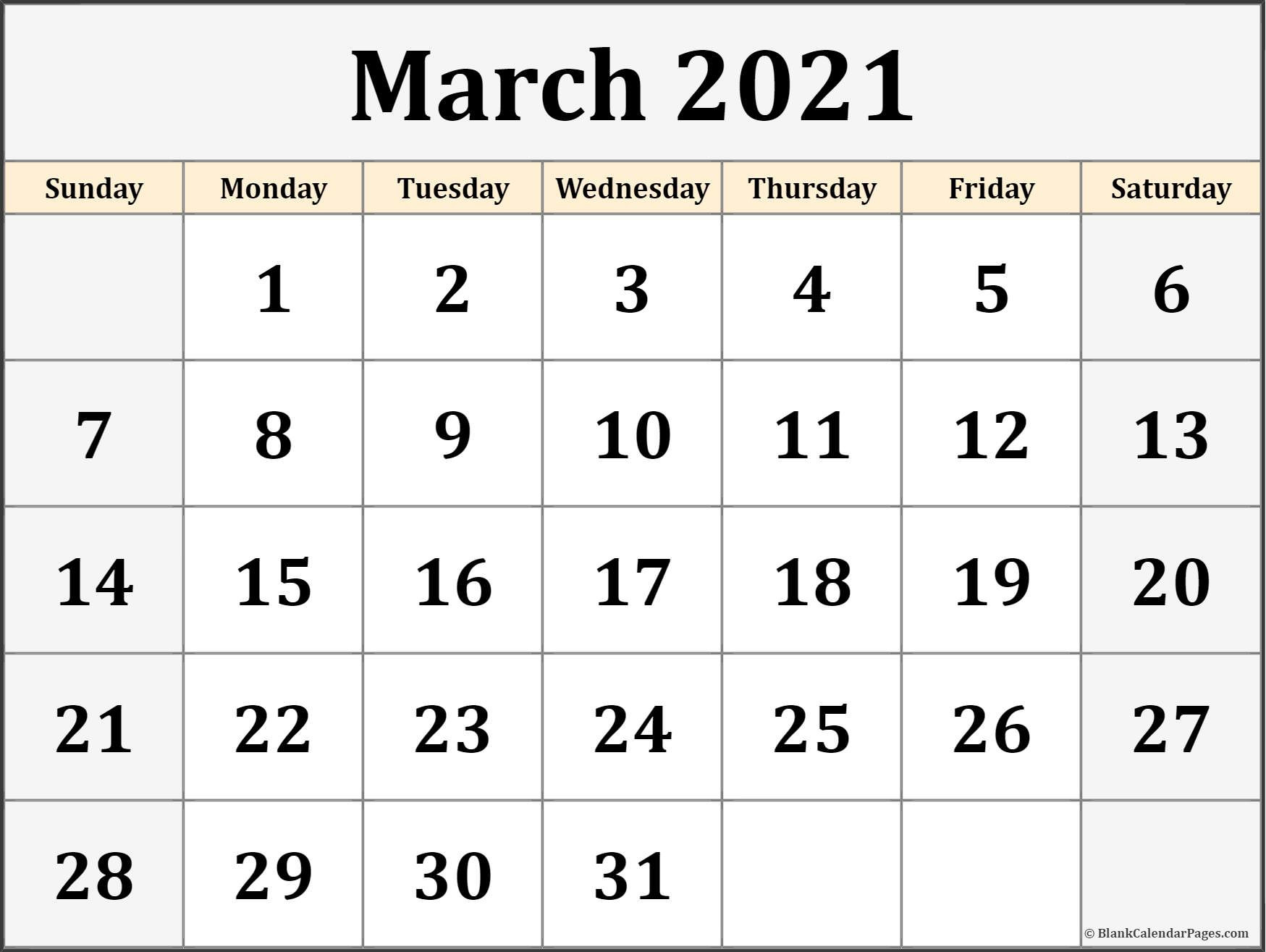 March 2021 Calendar | Free Printable Calendar Templates-Printable Calendar 2021 Large Font