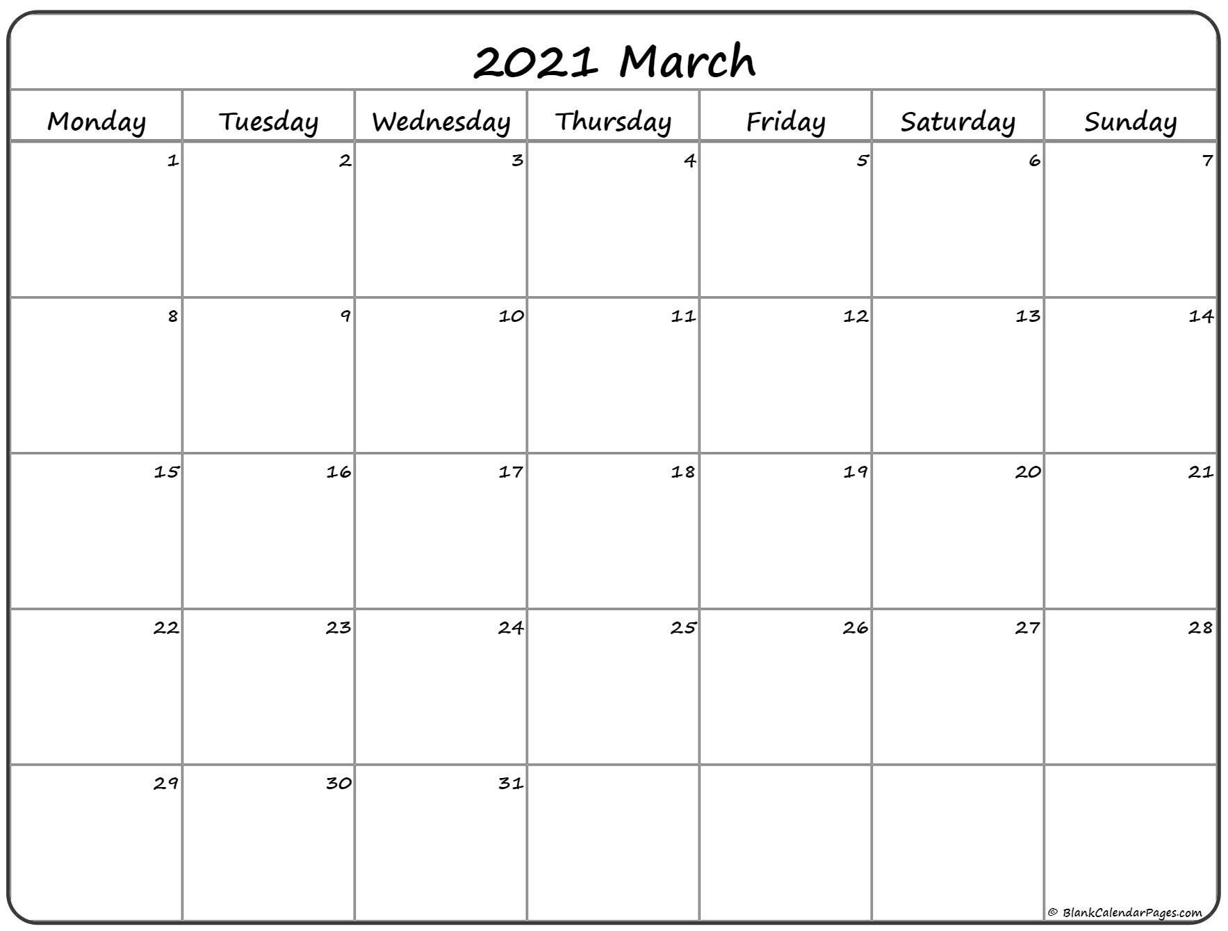 March 2021 Monday Calendar | Monday To Sunday-Monday Thru Friday Calendar 2021