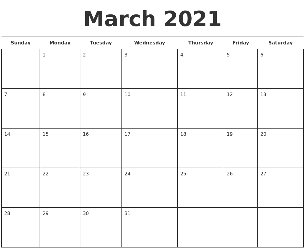 March 2021 Monthly Calendar Template-March 2021 Calendar