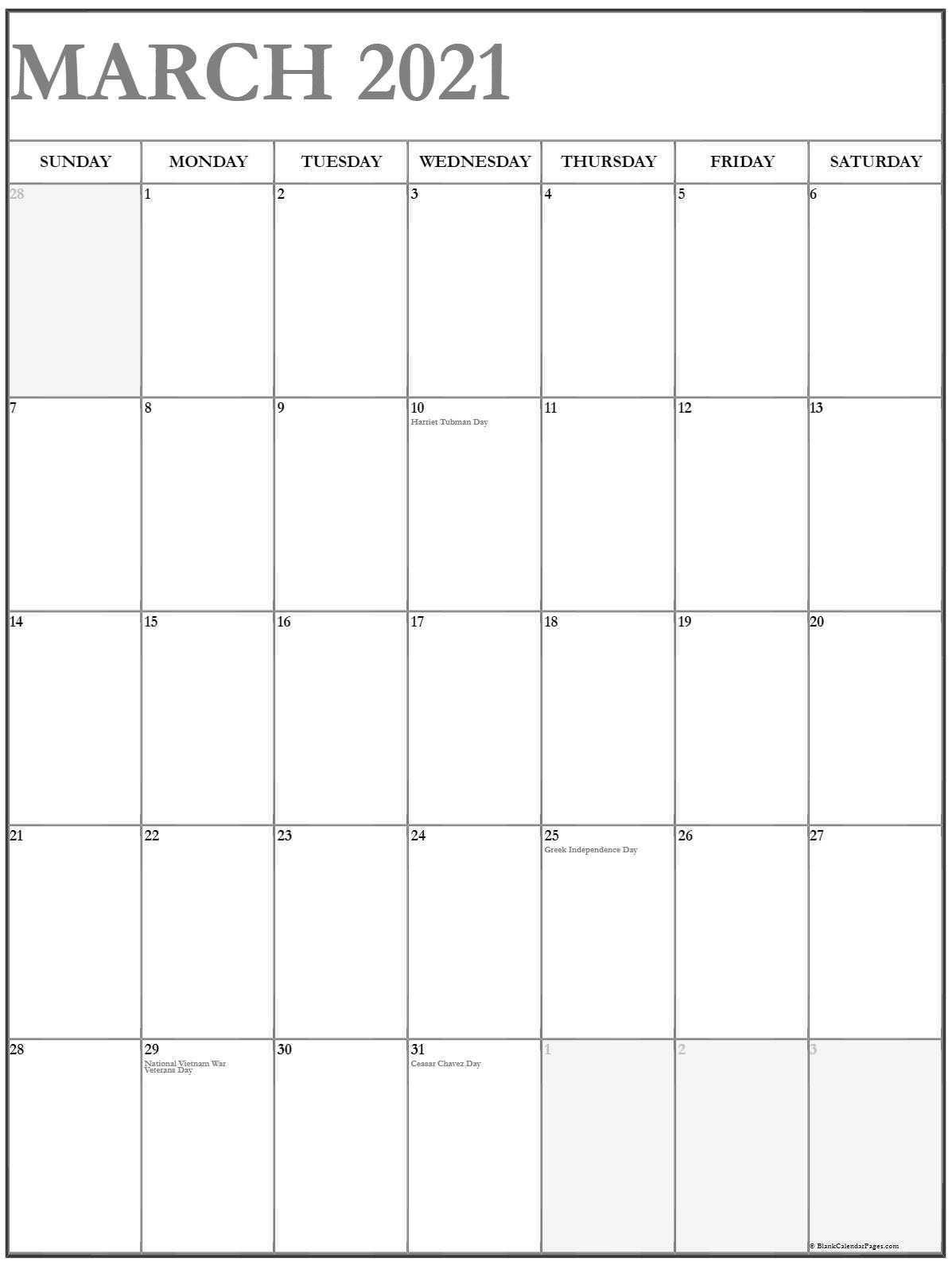 March 2021 Vertical Calendar | Portrait-C2021 Calender Monday-Friday