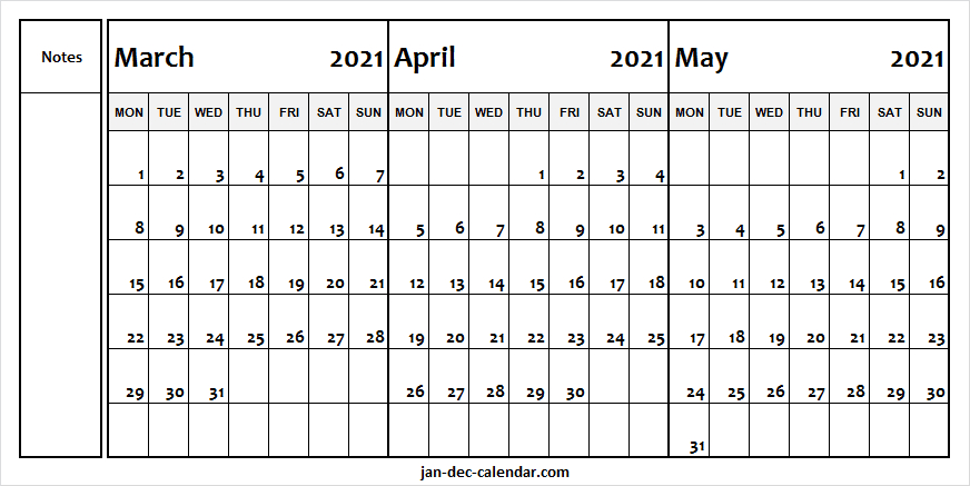 March To May Calendar 2021 Monday - Free Printable-Monthly Caldenar For May 2021 With Monday Thru Friday