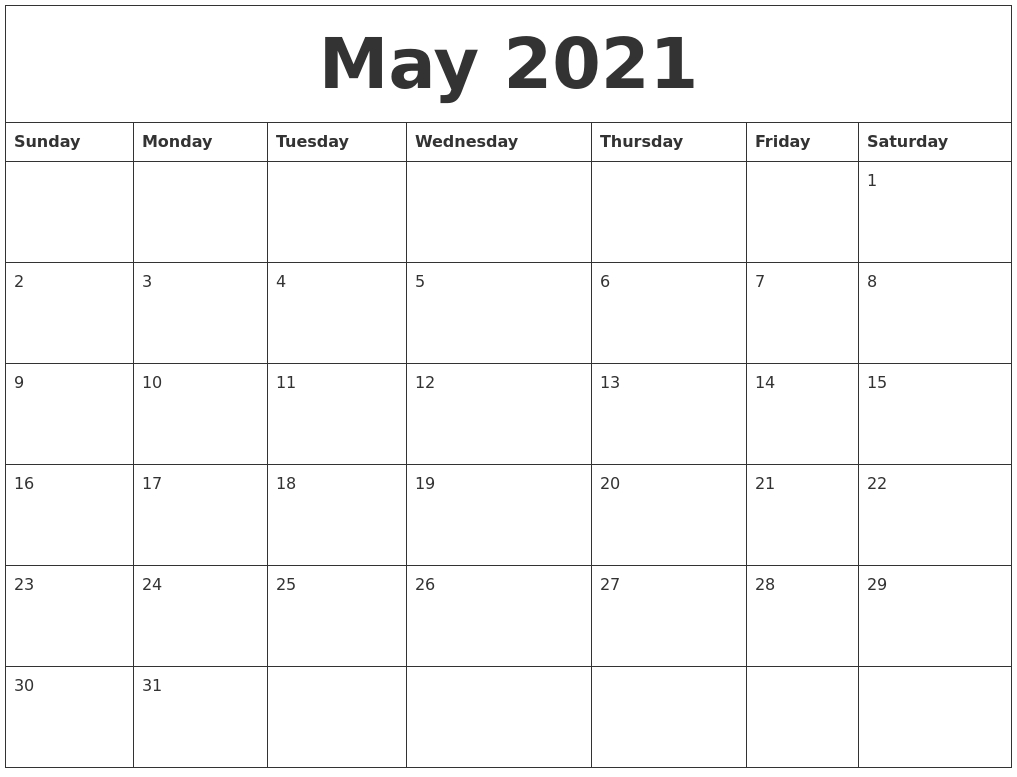 May 2021 Calendar-Monthly Caldenar For May 2021 With Monday Thru Friday