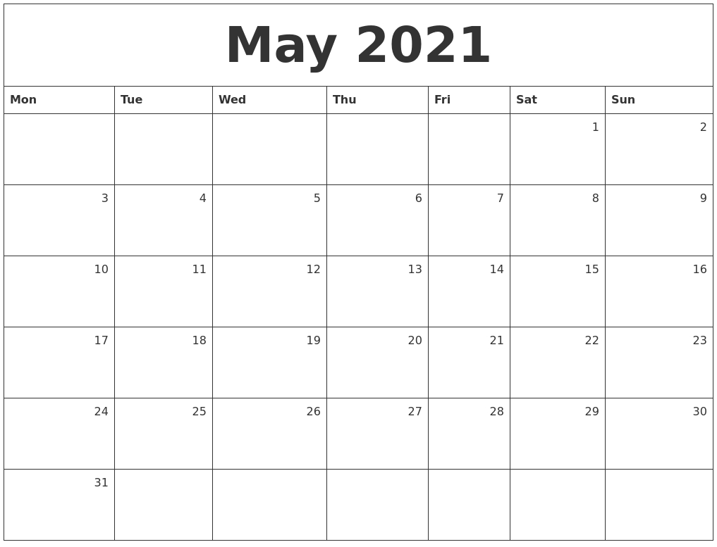 May 2021 Monthly Calendar-Monthly Caldenar For May 2021 With Monday Thru Friday