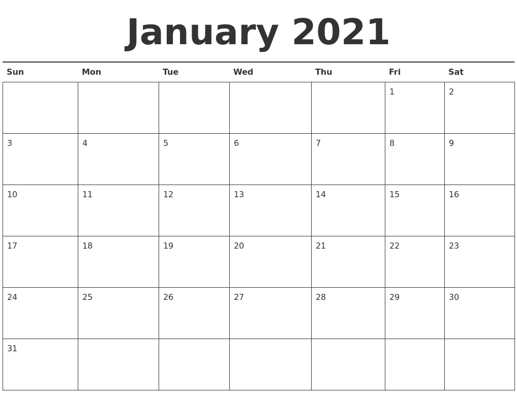 May 2021 Print Free Calendar-January 2021 Calendar Printable Free Monthly