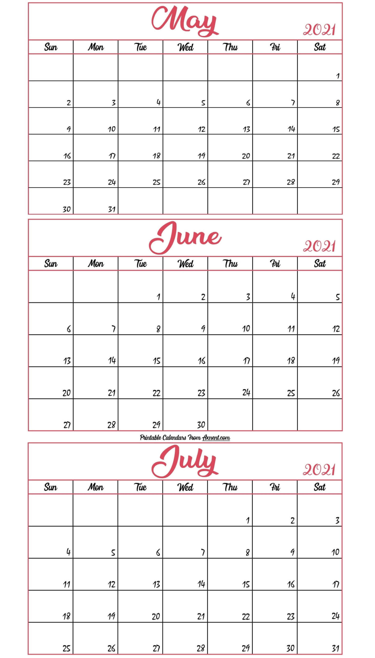 May To July Calendar 2021 Templates - Three Months-3 Month Calendar June-August 2021