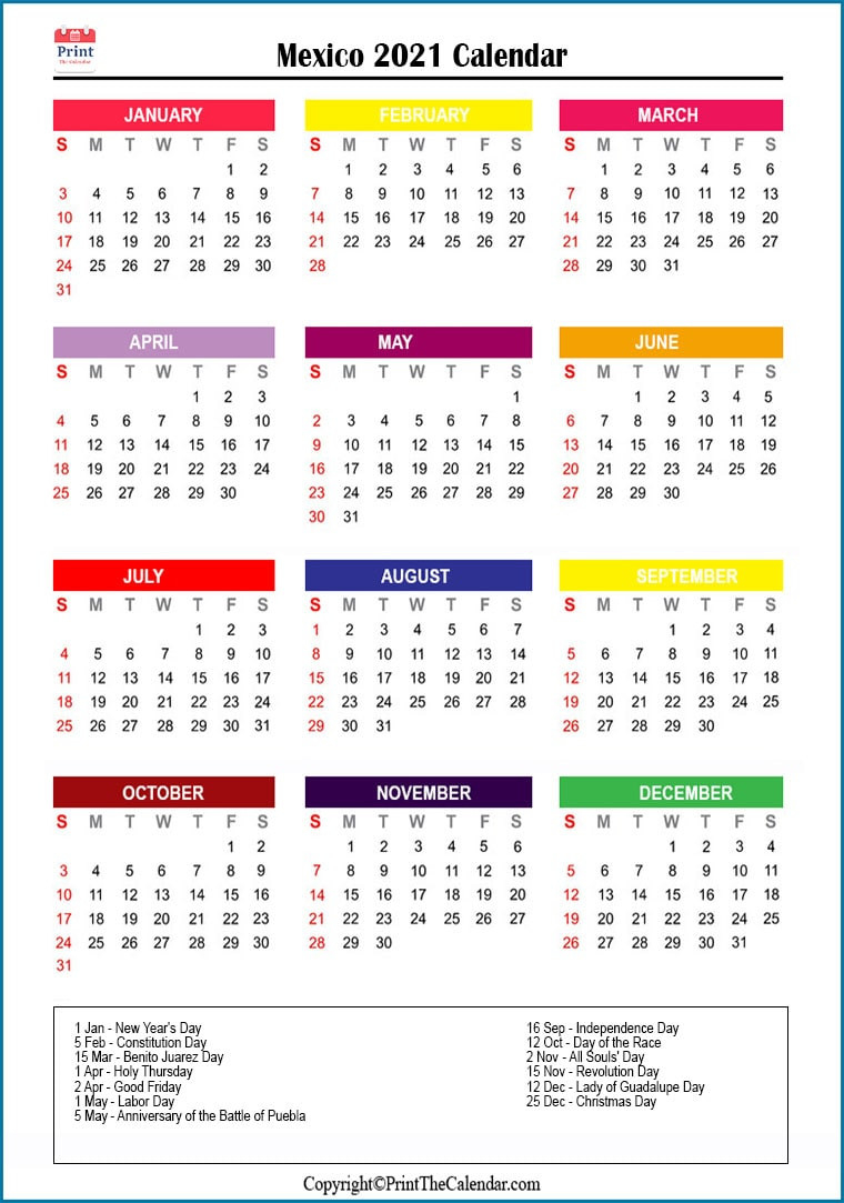 Mexico Holidays 2021 [2021 Calendar With Mexico Holidays]-2021 Calendar Sun To Sat