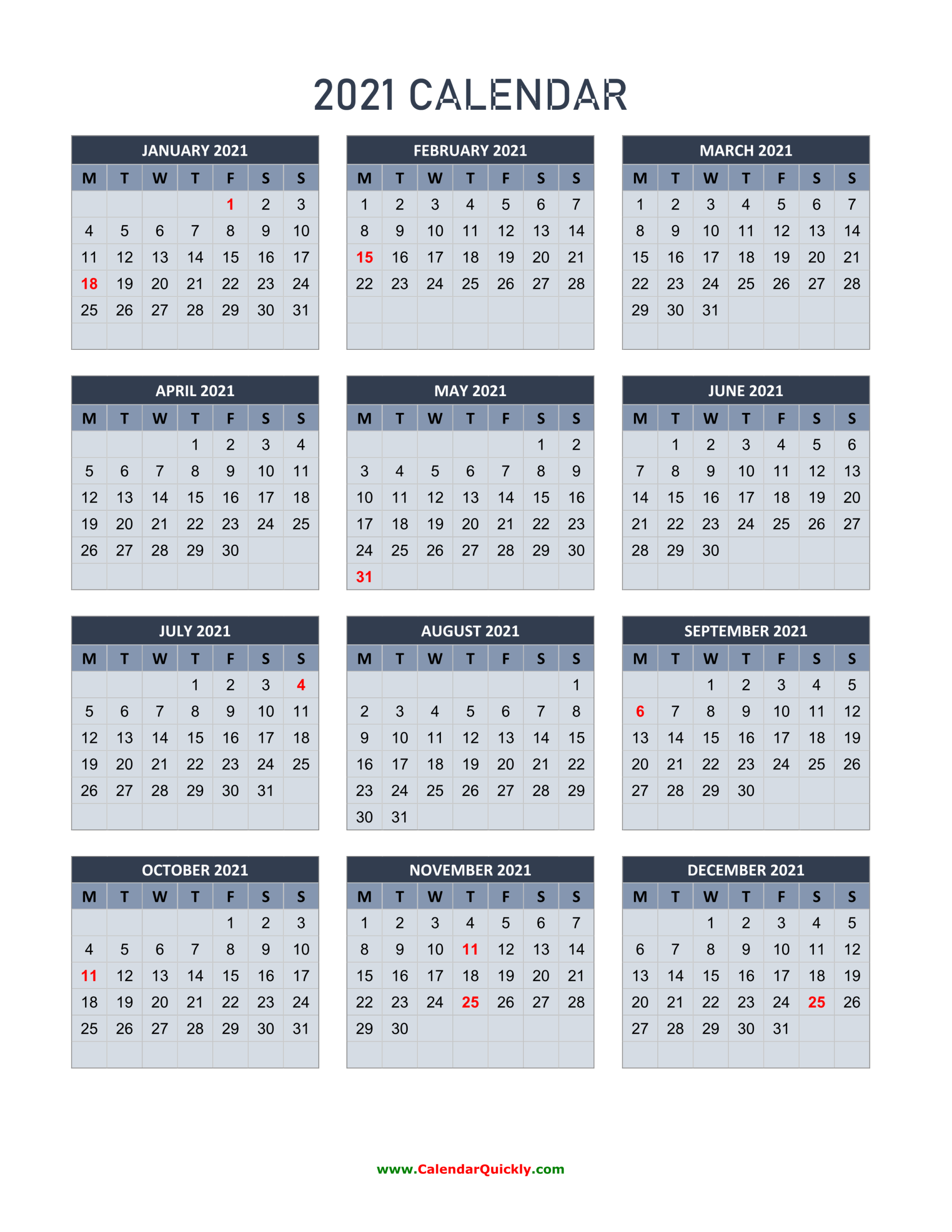 Monday 2021 Calendar Vertical | Calendar Quickly-Day Of Week 2021 Xls