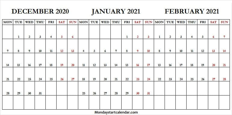 Monday Start Dec 2020 To Feb 2021 Calendar | Excel | Pdf-Ecxel Full 2021 Calendar Monday
