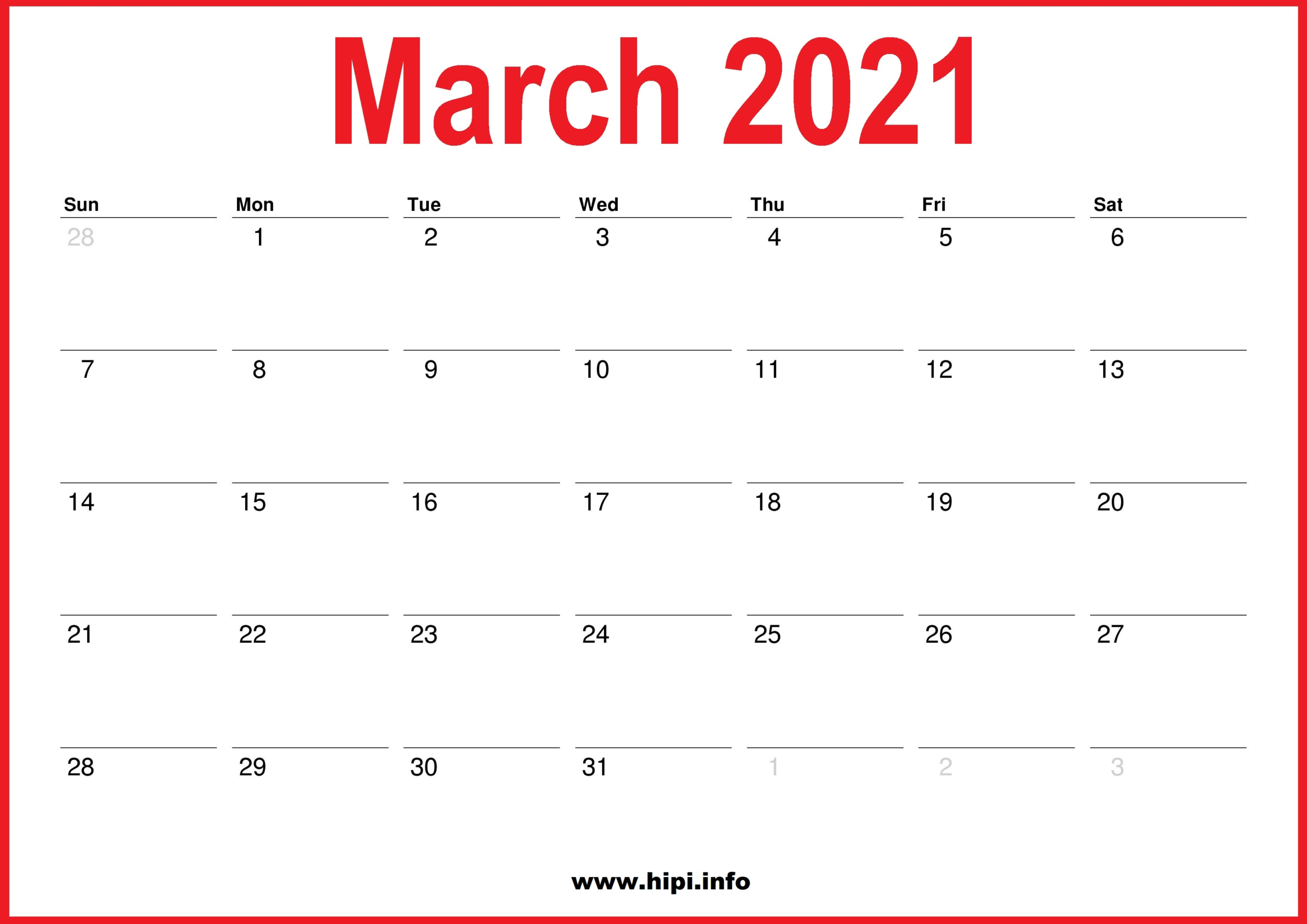 Monthly 2021 Calendars - Red, White - Hipi-Free Printable Two Page Monthly Calendar 2021