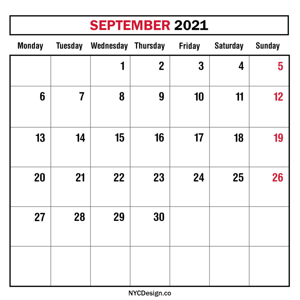 Monthly Calendar September 2021, Monthly Planner-Printable Calendar Starting Monday 2021