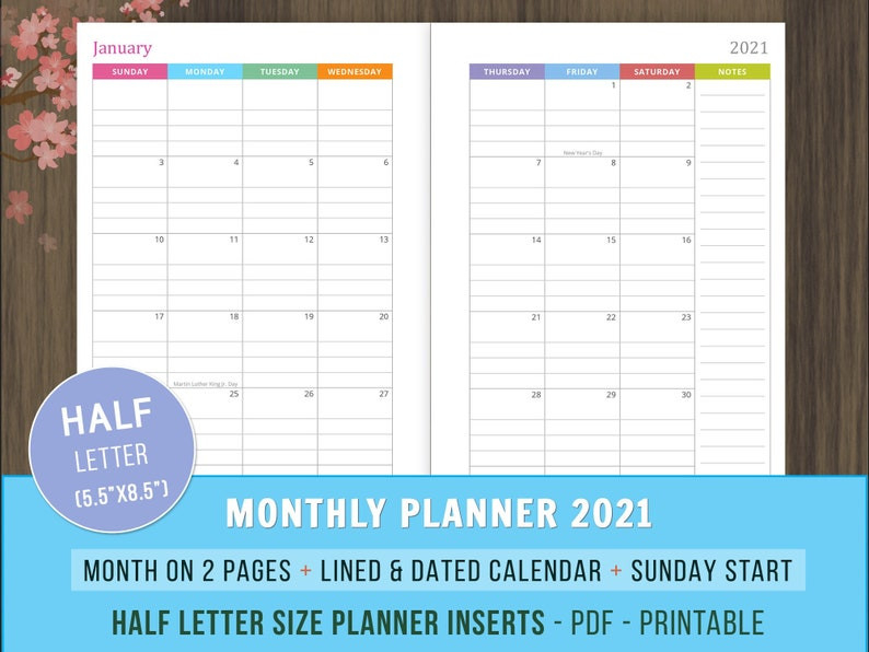 Monthly Planner 2021 Inserts Lined And Dated Mo2P Calendar-2021 Half Page Monthly Calendar Template