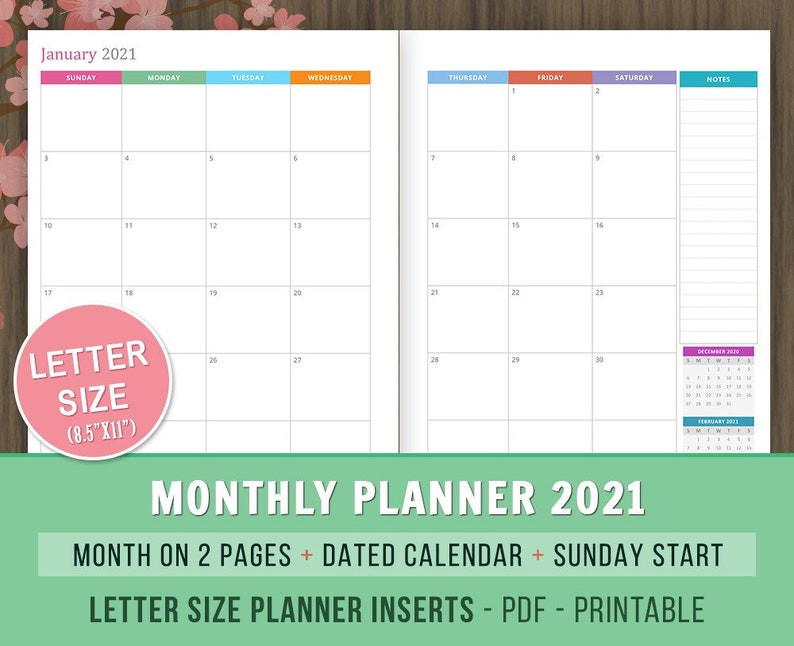 Monthly Planner 2021 Inserts Month On 2 Pages Dated-2 Page 2021 Calandar