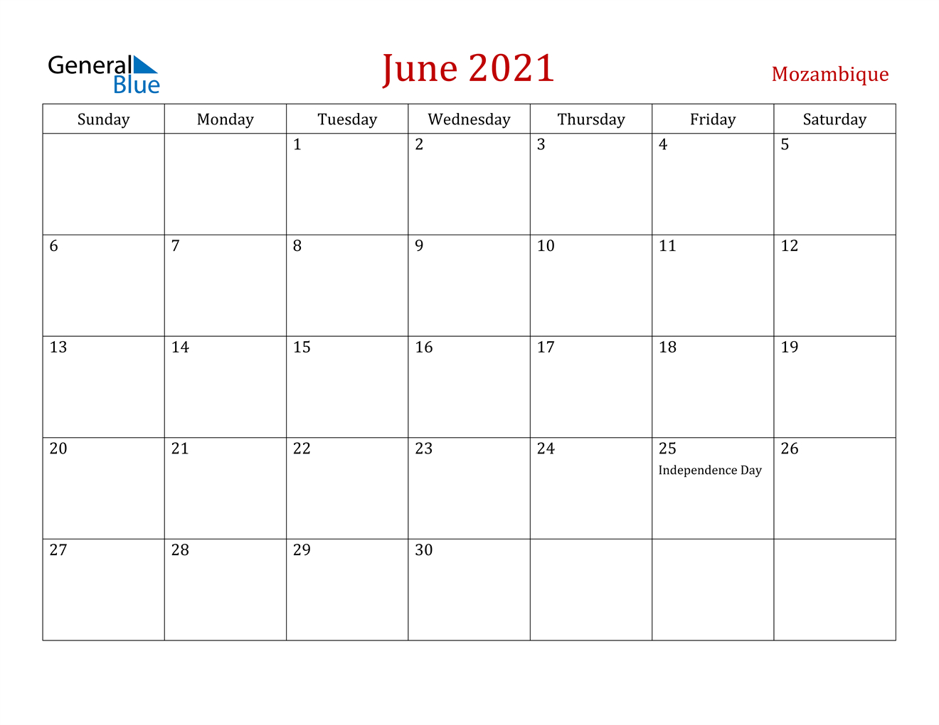 Mozambique June 2021 Calendar With Holidays-June 2021 Calendar 4X6
