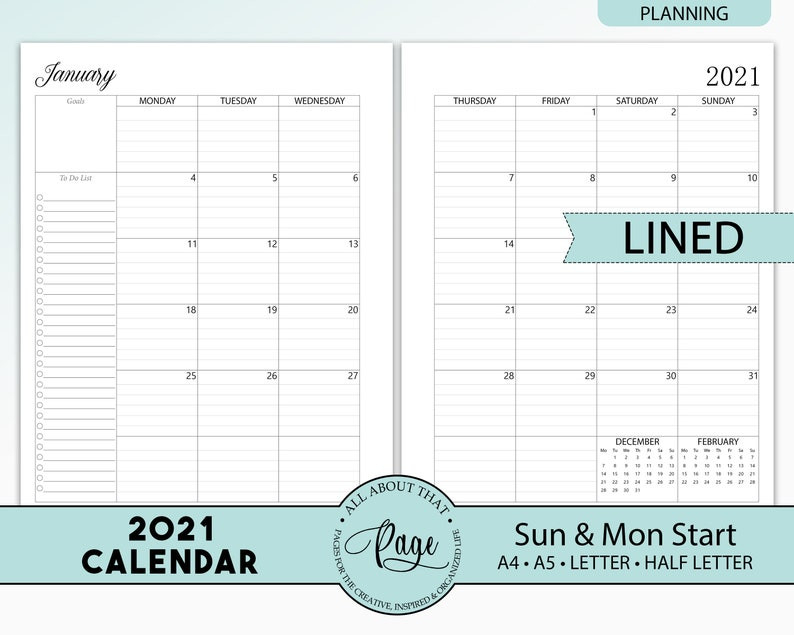 New 2021 Monthly Calendar Printable Two 2 Page Planner | Etsy-2021 Two Page Monthly Calendar Printable Free