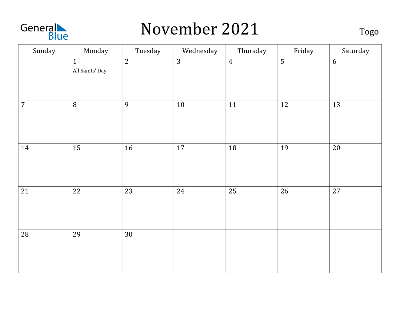 November 2021 Calendar - Togo-January 2021 Calendar Nz Printable