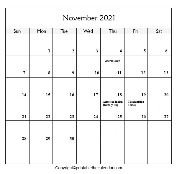 November 2021 Holiday Calendar | Printable The Calendar-Printable 2021 Vacation Calendar