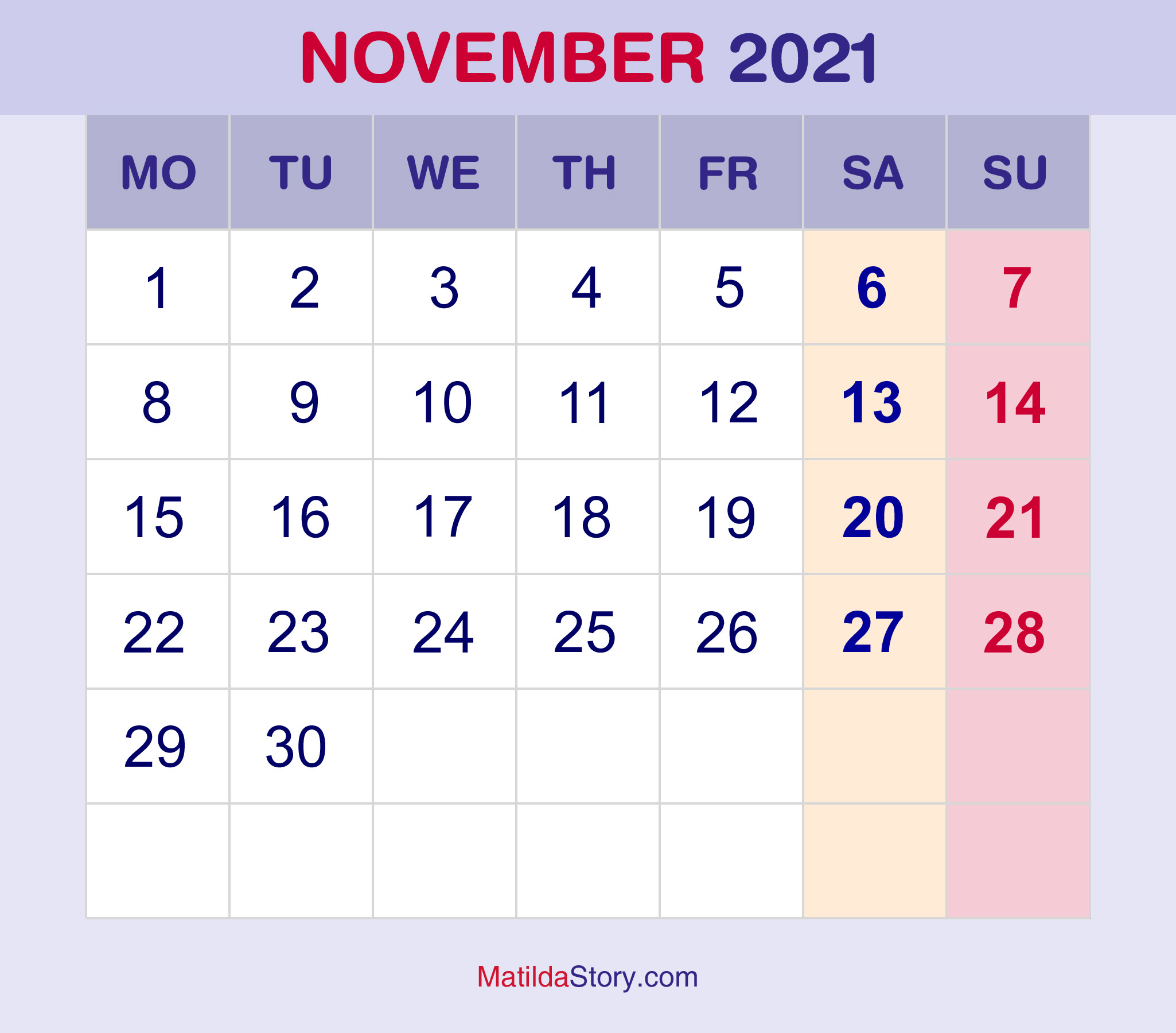 November 2021 Monthly Calendar, Monthly Planner, Printable Free - Monday Start - Matildastory-November 2021 Blank Calendar