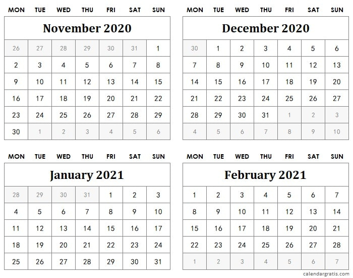 November December 2020 Calendar Template | January-2021 Calendar For August Through December