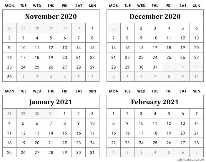 November December 2020 Calendar Template | January-August Thru December Calander For 2021