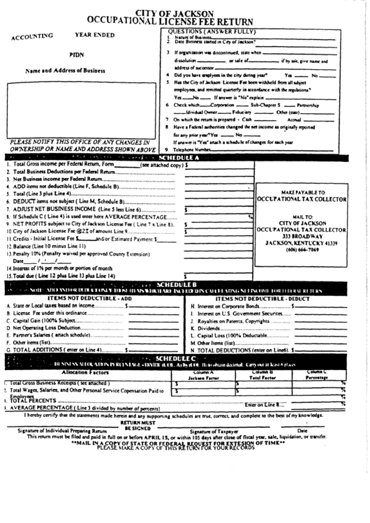 Occupational License Fee Return - City Of Jackson-Blank Il W 9 Form 2021 Printable