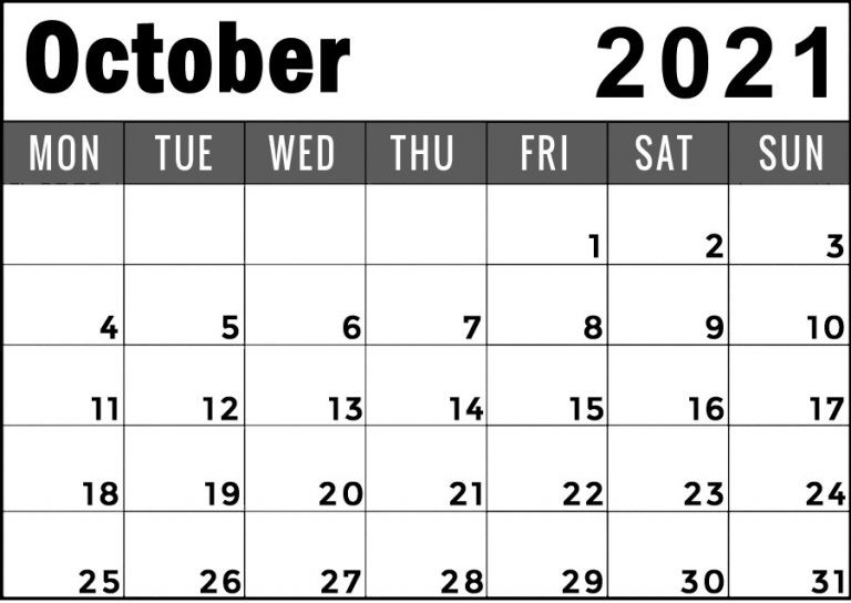 October 2021 Calendar Monday Start To Sunday Blank Free-Free Monday Through Friday August 2021 Calendar