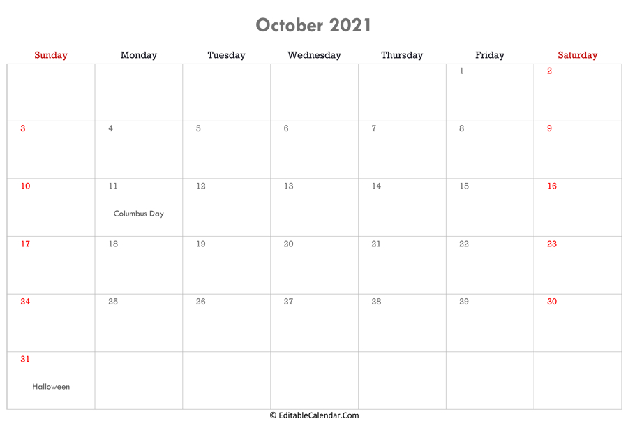 October 2021 Calendar Templates-Free Fill In Monthly Calendar 2021
