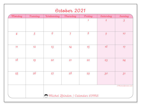 October 2021 Calendars &quot;Monday - Sunday&quot; - Michel Zbinden En-Monday - Friday Work Calender For September 2021