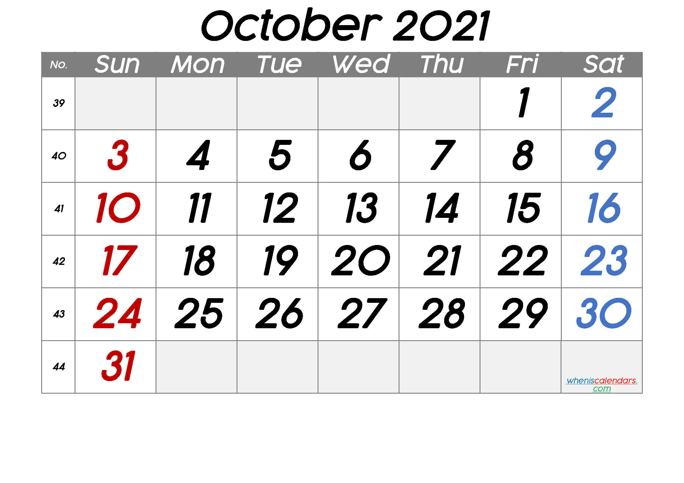 October 2021 Printable Calendar With Week Numbers [Free-Calendar 2021 October