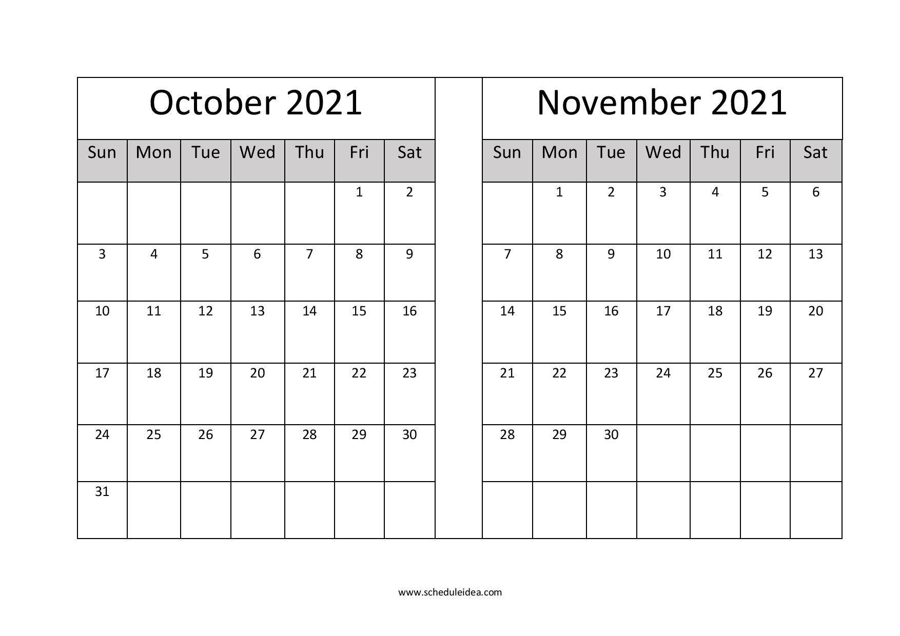 October And November 2021 Printable Calendar (2 Months)-Free 2 Page 2021 Calendars