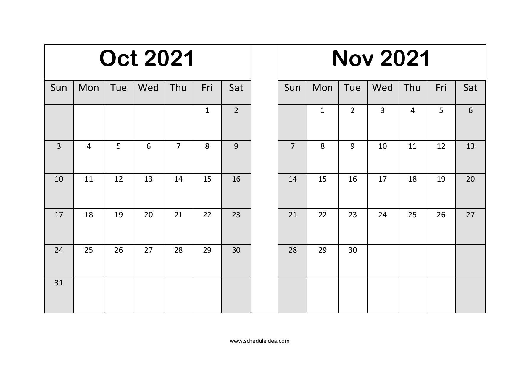 October And November 2021 Printable Calendar (2 Months)-October 2021 Thru December 2021 Calendar