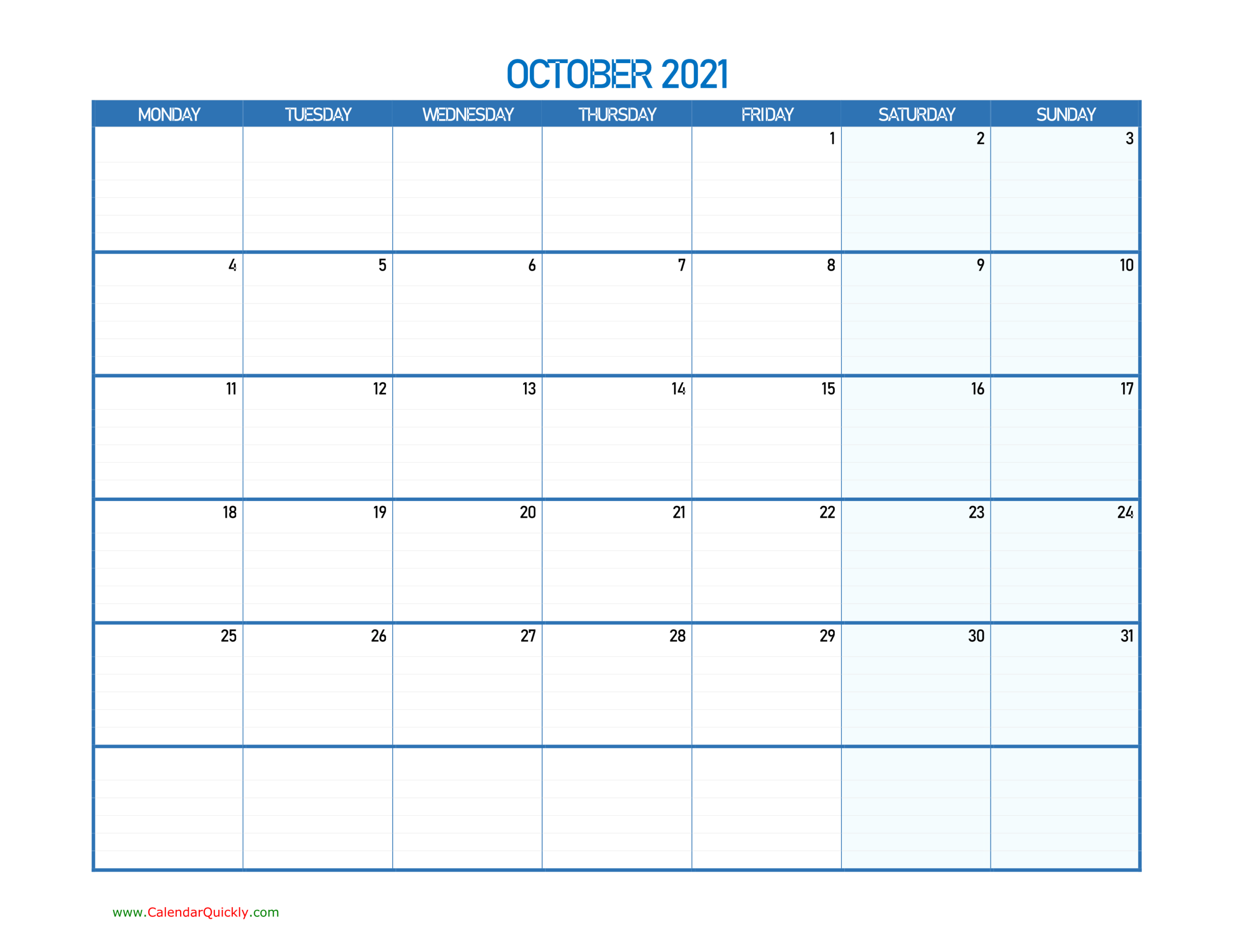 October Monday 2021 Blank Calendar | Calendar Quickly-Free Calender For October 2021 81/2 X 11