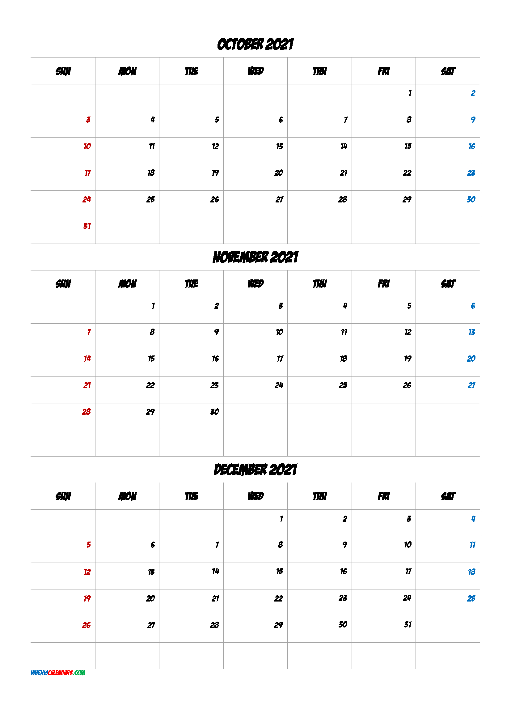 October November December 2021 Printable Calendar [Q1-Q2-2021 Calendar For August Through December