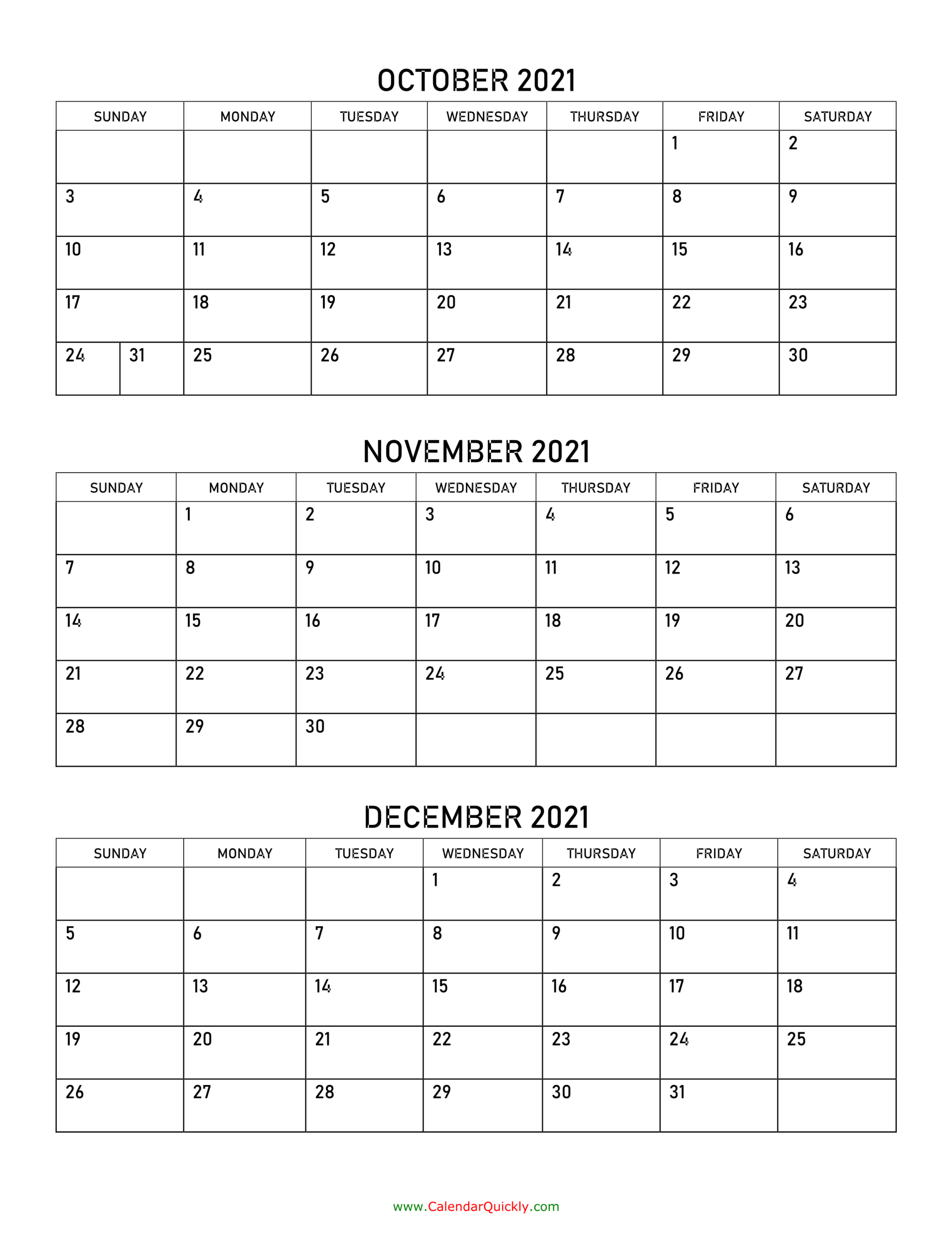 October To December 2021 Calendar | Calendar Quickly-Printable Calendar 2021 3 Months