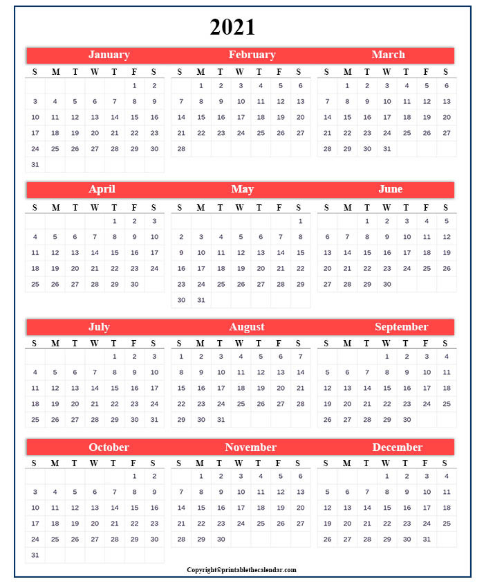 One Page Calendar 2021 [Free Printable Template-2021 Calendar Printable Two Page
