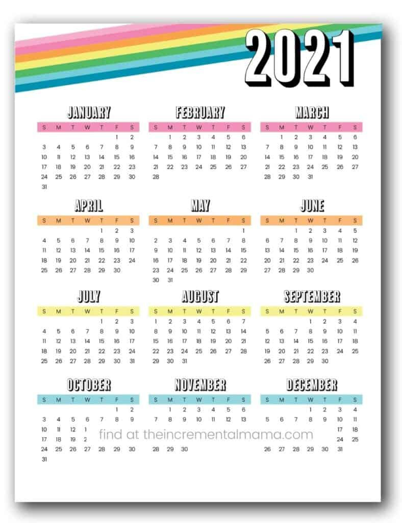 One-Page Rainbow 2021 Calendar (Free Printable)-Printable Bill Calendar 2021 Free