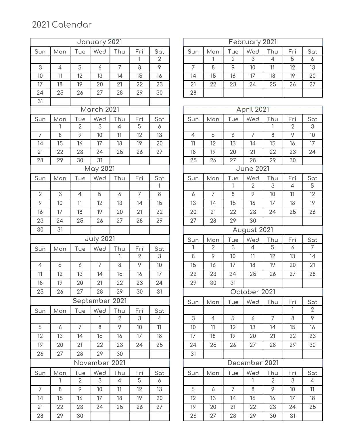 Pdf 2021 Calendar Printable | 2021 Calendar Pdf Template-2 Page 2021 Calendar Printable Pages