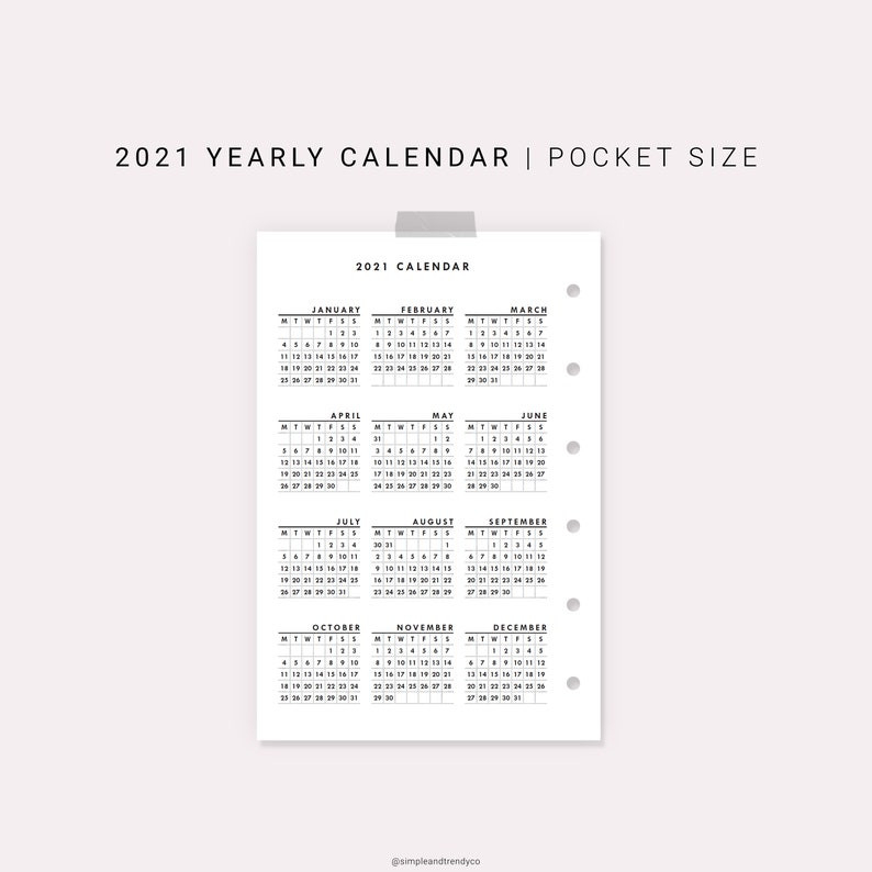 Pocket Size Calendar Printable 2021 Calendar Sunday Monday | Etsy-Printable Pocket Calendar 2021