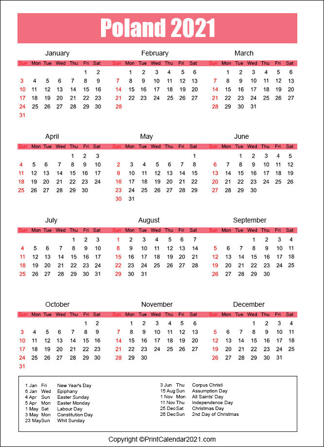 Poland Holidays Calendar 2021-Free Employee Vacation Schedule 2021