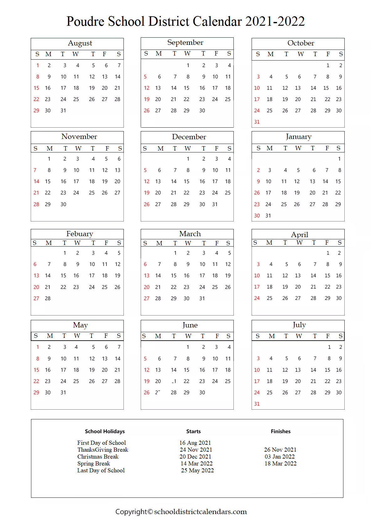 Poudre School District Calendar 2021-2022 With Holidays In-2021 Vacation Schedule Forms