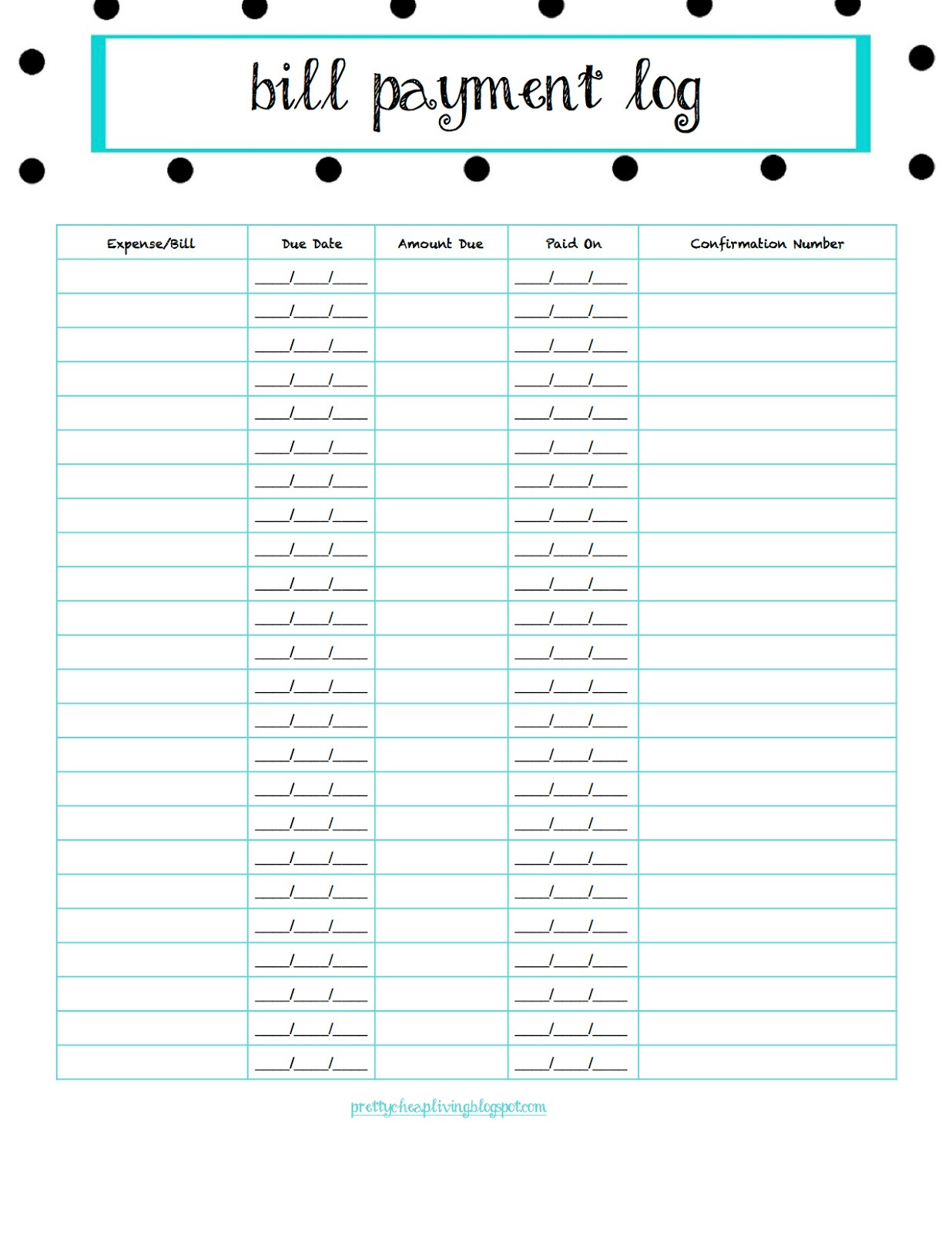 Pretty Cheap Living : Bill Payment Log Free Printable-Calendar Bill Pay Template 2021 Printable Free