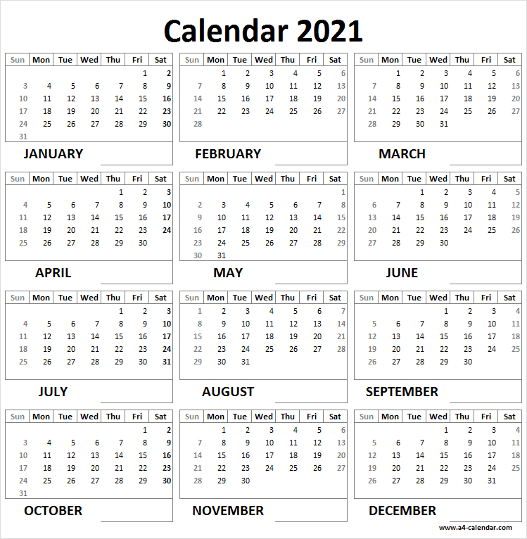 Print 2021 Calendar One Page - A4 Calendar-Free Printable A4 2021 Planner
