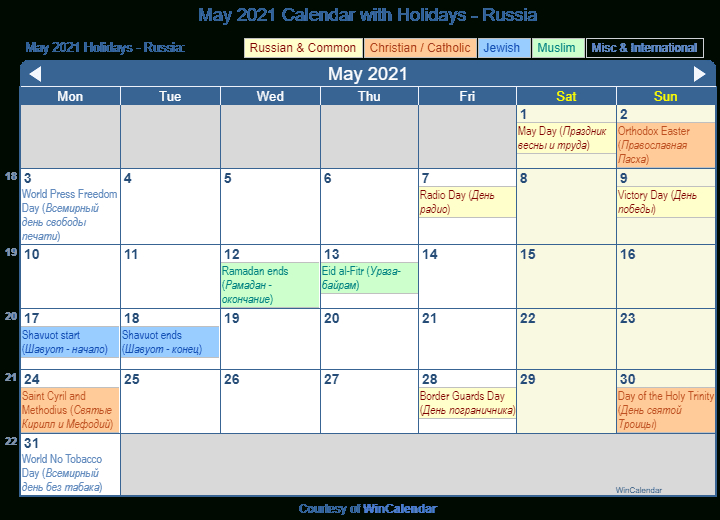 Print Friendly May 2021 Russia Calendar For Printing-Printable List Of 2021 Jewish Holidays