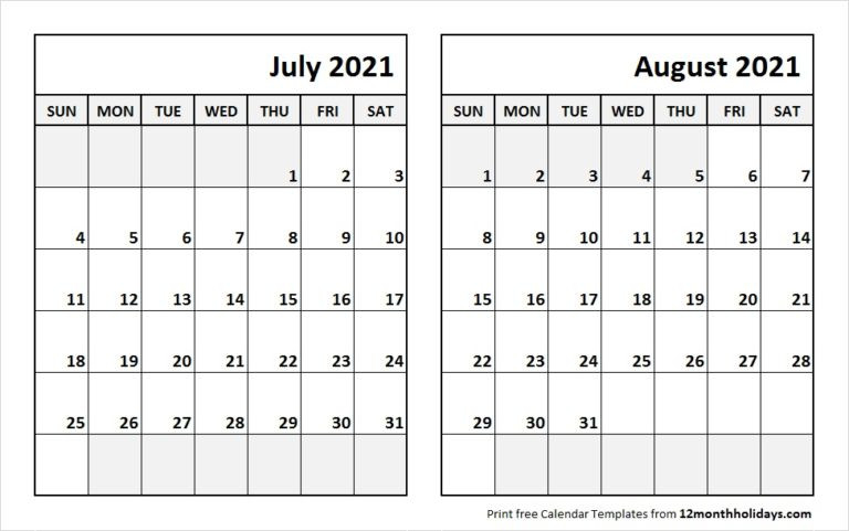 Print July August 2021 Calendar Template | 2 Month Calendar-July August 2021 Calendar Template