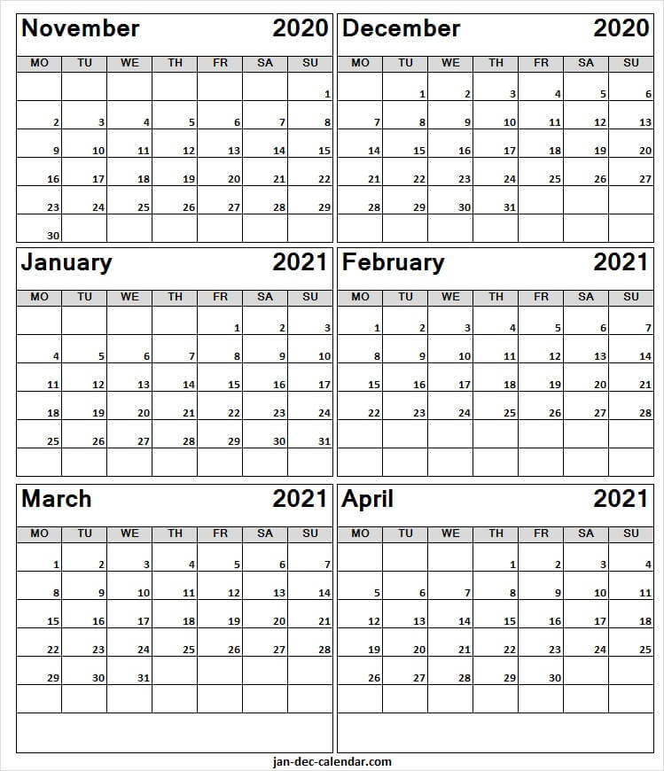 Print November 2020 To April 2021 Calendar - Blank-Monthly Wellness Calendar 2021
