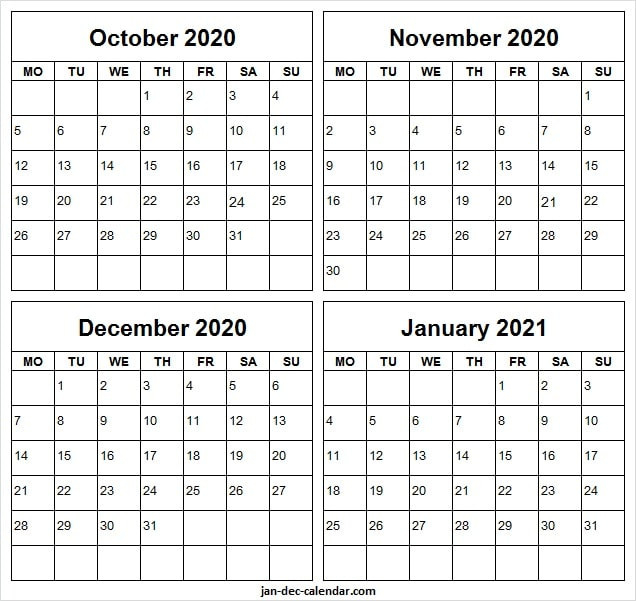 Print October 2020 To January 2021 Calendar - Template To-October 2021 Thru December 2021 Calendar