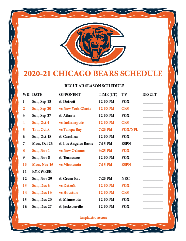 Printable 2020-2021 Chicago Bears Schedule-Free Printable Nfl 2021 Schedule