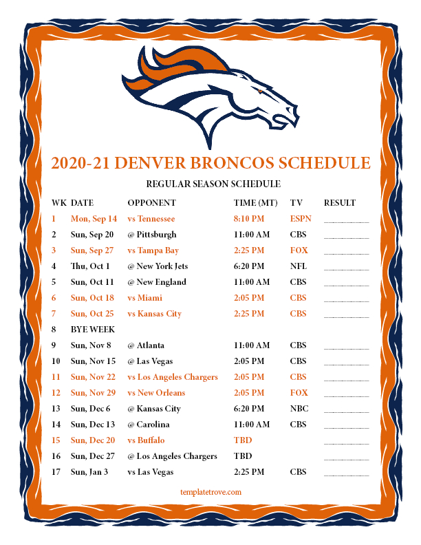 Printable 2020-2021 Denver Broncos Schedule-Free Printable Nfl 2021 Schedule