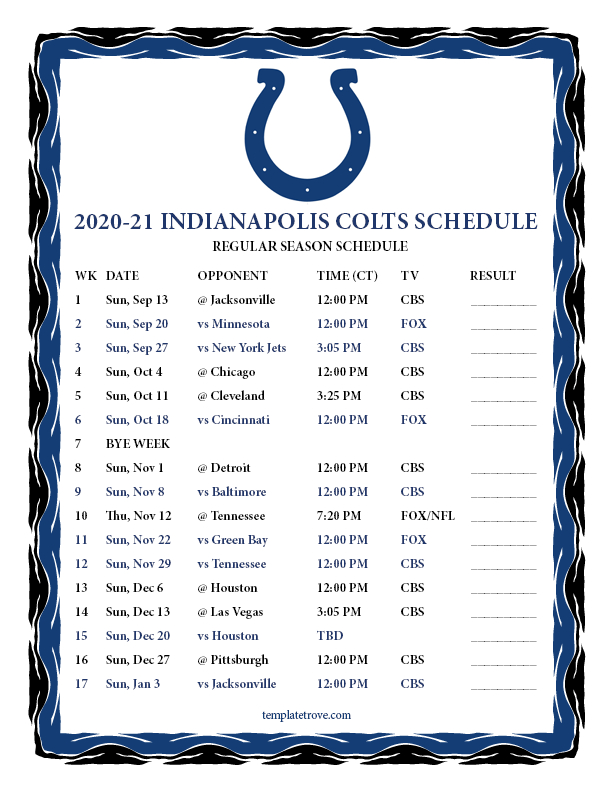 Printable 2020-2021 Indianapolis Colts Schedule-Free Printable Nfl 2021 Schedule