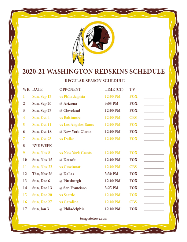 Printable 2020-2021 Washington Redskins Schedule-Free Printable Nfl 2021 Schedule